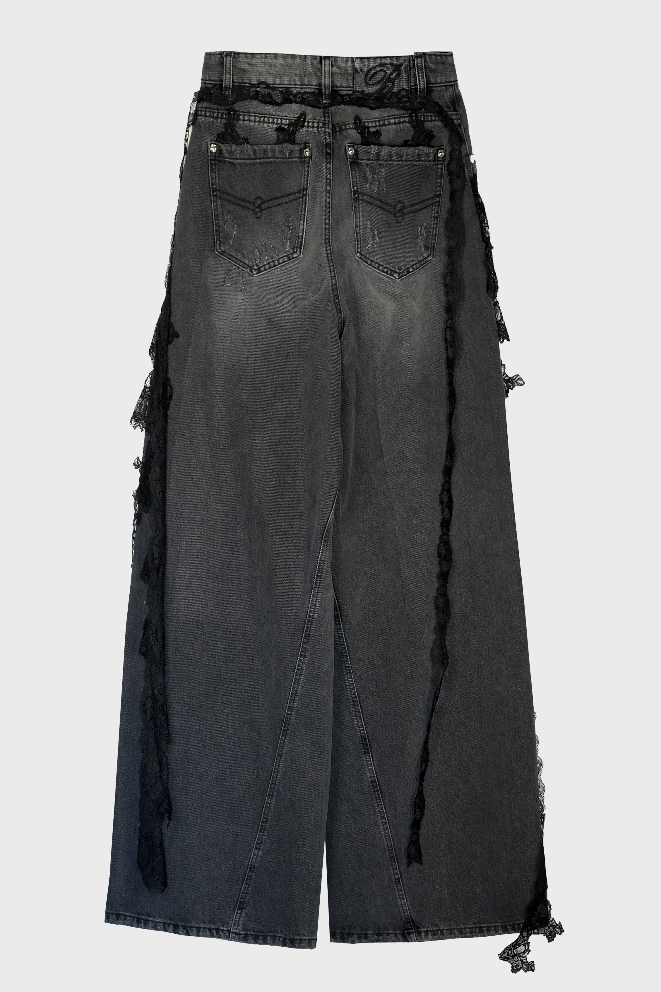 DESTROYED EXTRA BAGGY JEANS WITH LACE TRIM GREY GUNMETAL