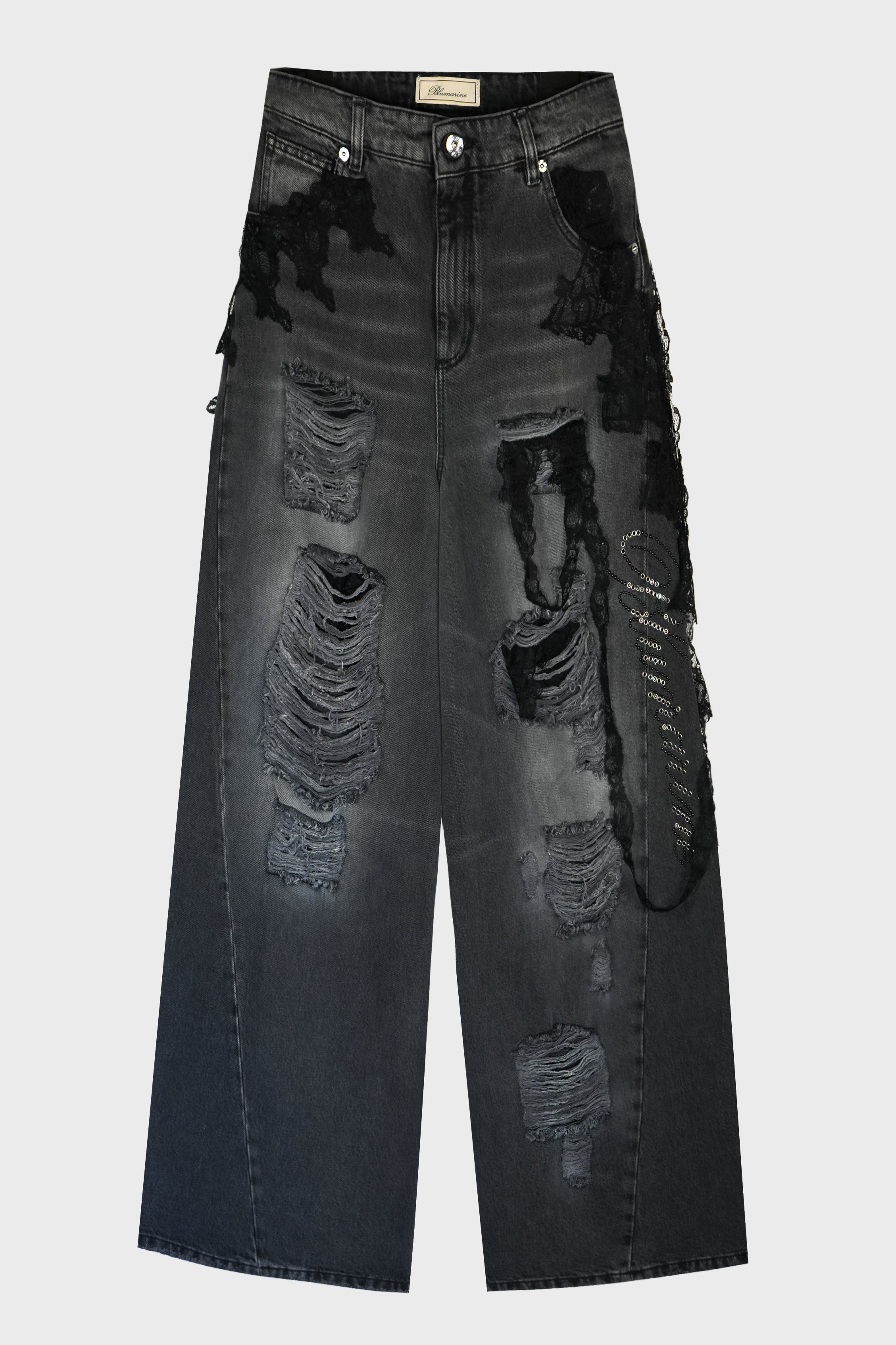 DESTROYED EXTRA BAGGY JEANS WITH LACE TRIM GREY GUNMETAL