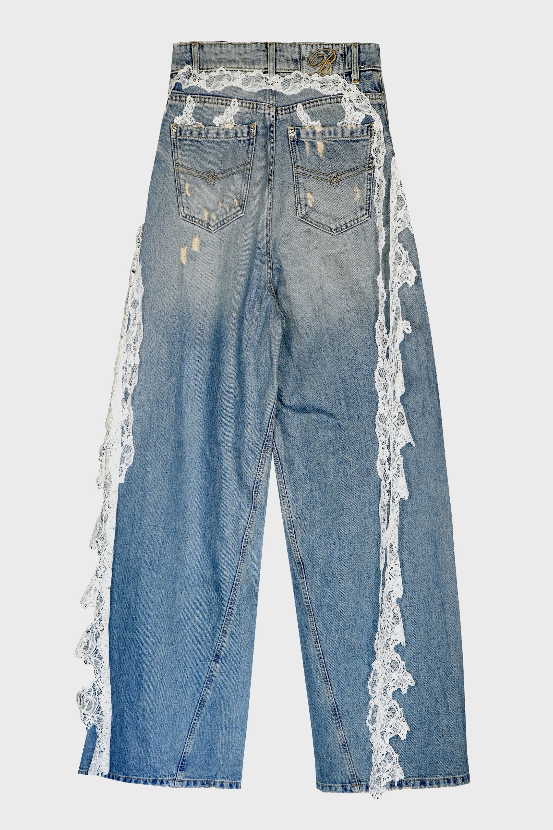 DESTROYED EXTRA BAGGY JEANS WITH LACE TRIM ICE BLUE