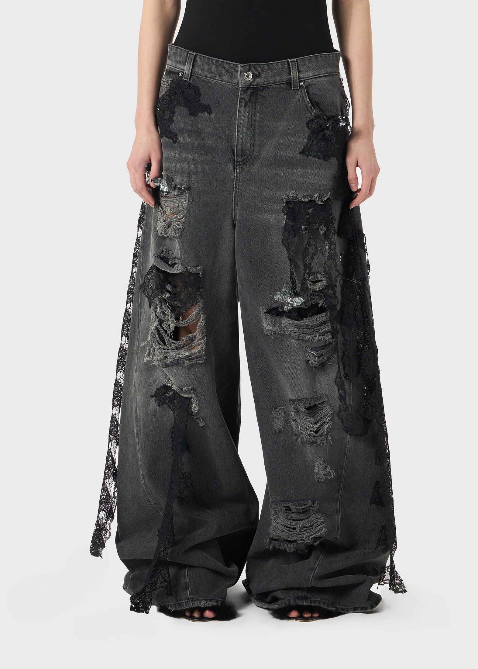 DESTROYED EXTRA BAGGY JEANS WITH LACE TRIM GREY GUNMETAL
