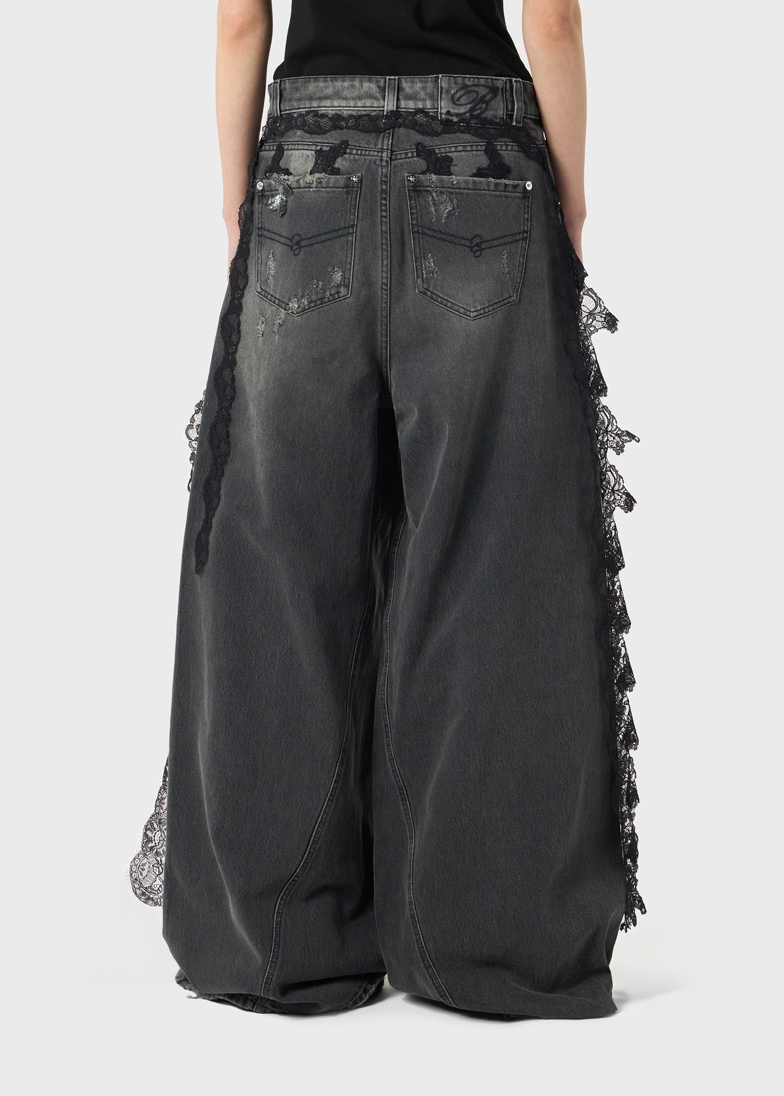 DESTROYED EXTRA BAGGY JEANS WITH LACE TRIM GREY GUNMETAL