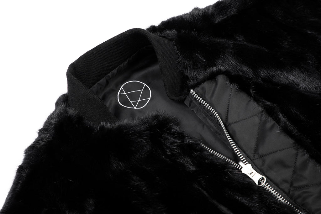 BLACK UNISEX REVERSIBLE MINK FUR BOMBER W/ LOGO