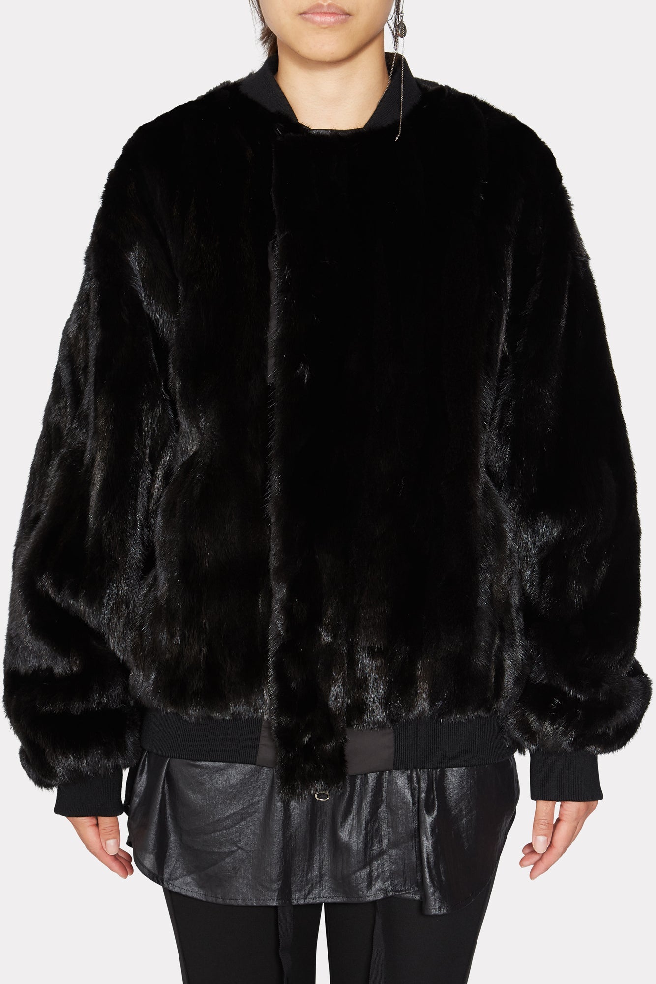 BLACK UNISEX REVERSIBLE MINK FUR BOMBER W/O LOGO