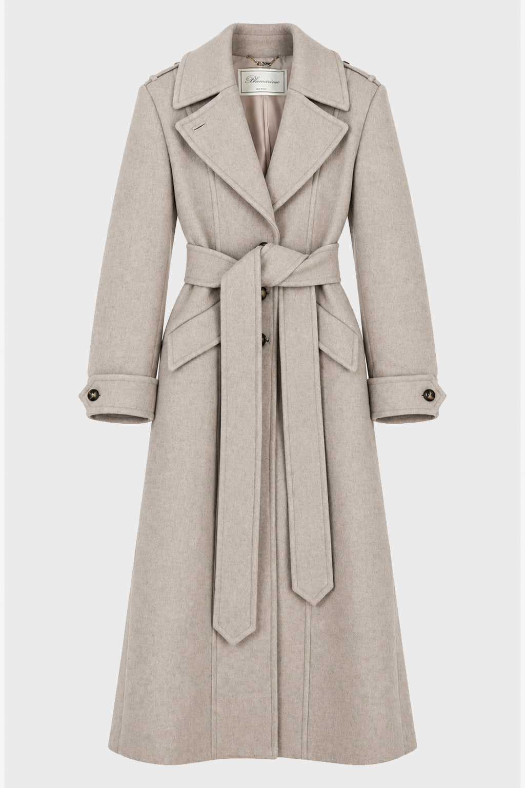 FULL-LENGTH FABRIC COAT WITH BELT ALMOND