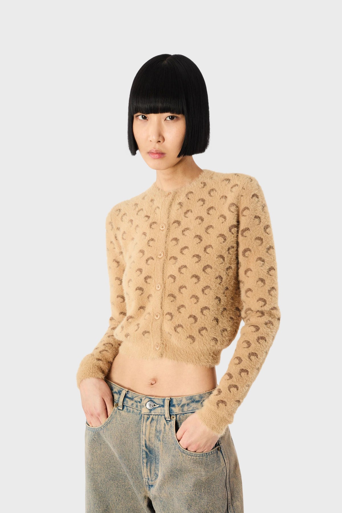 FLUFFY MOON JACQUARD KNIT LS CARDIGAN BEIGE