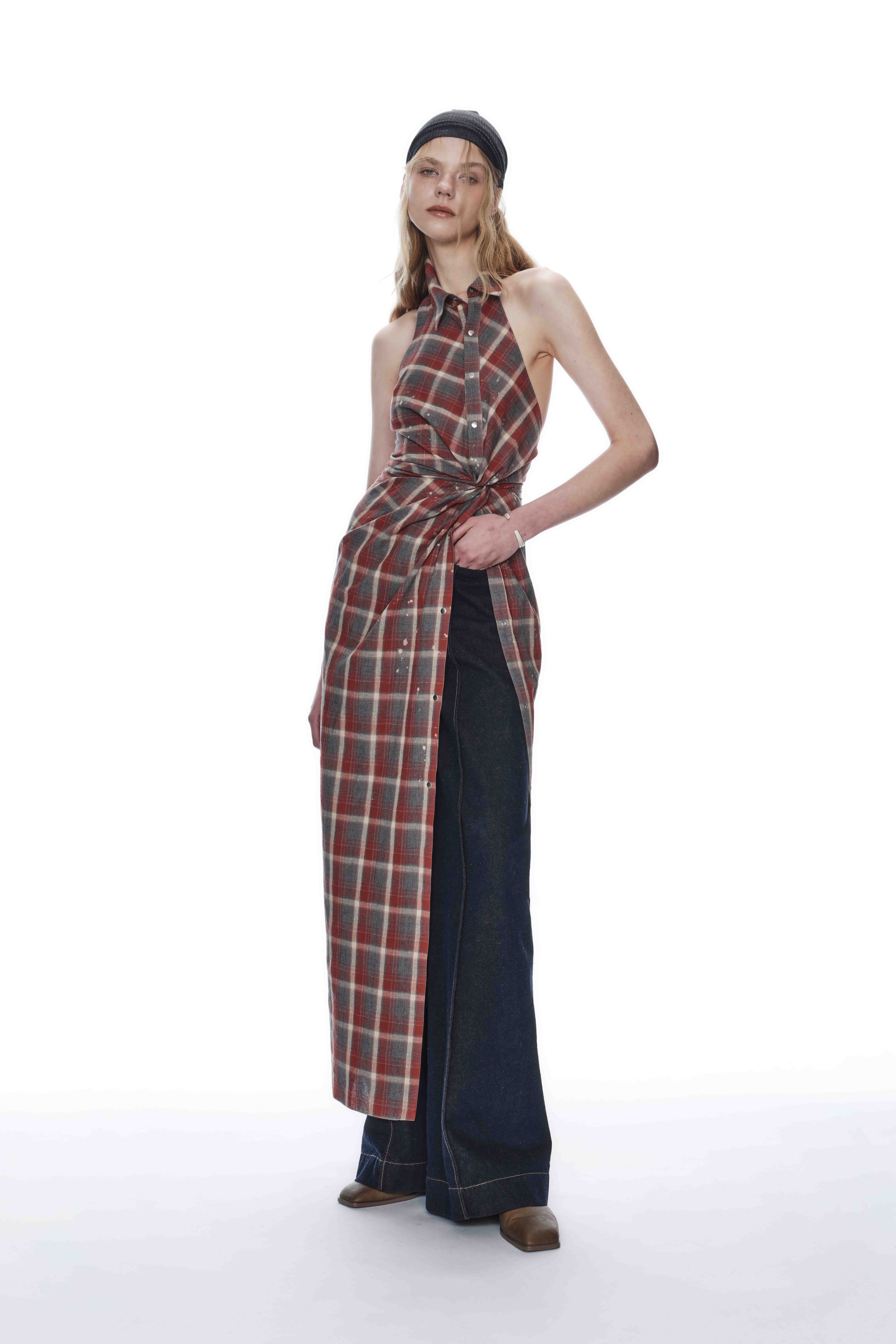 ASYMMETRIC TWISTED CHECKED DRESS