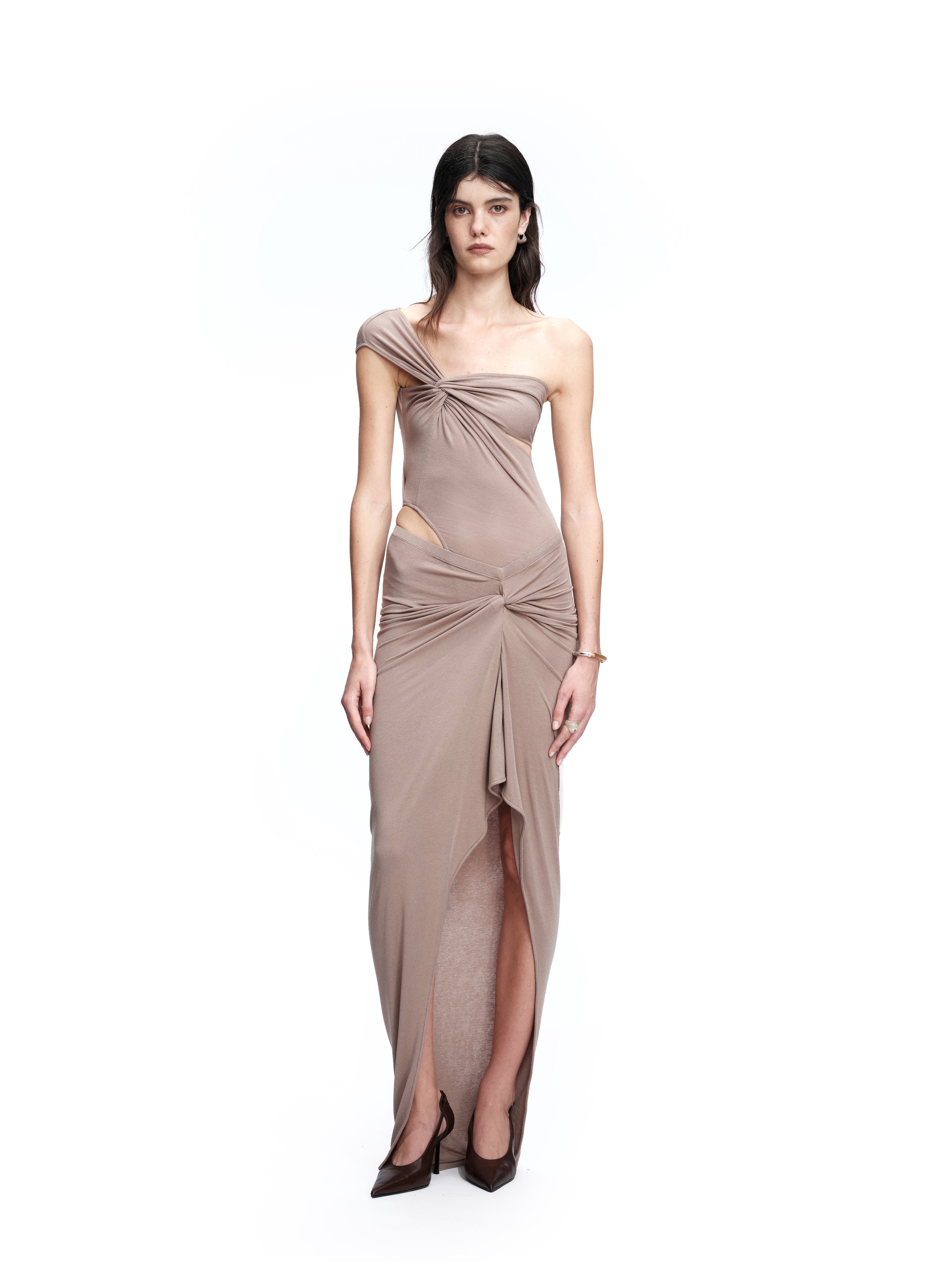 ASYMMETRIC TWIST-KNOTTED BODYSUIT MINERAL GREY