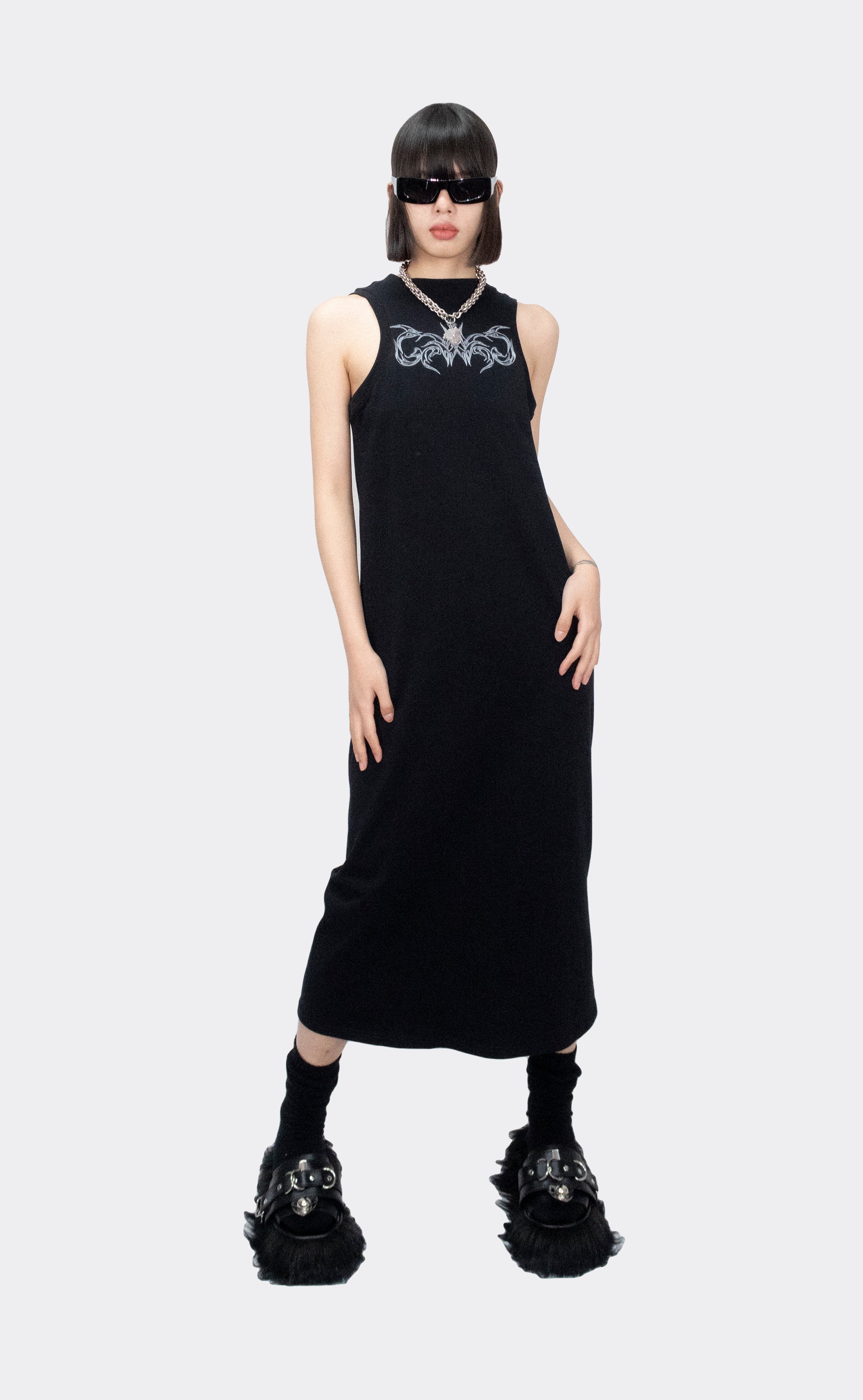 BLACK PRINTED KNIT DRESS