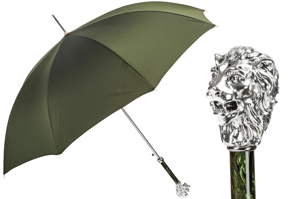 GREEN UMBRELLA, SILVER LION HANDLE