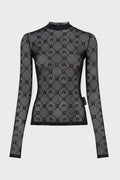 MOONOGRAM MESH FLOCK LS HIGHNECK TOP BLACK