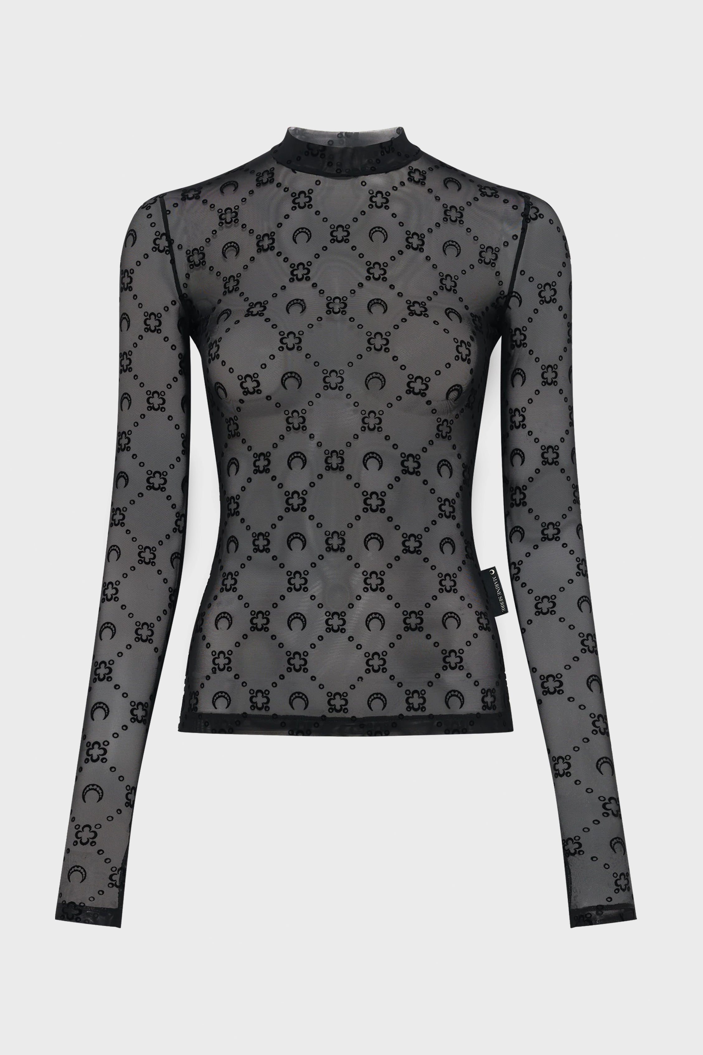 MOONOGRAM MESH FLOCK LS HIGHNECK TOP BLACK