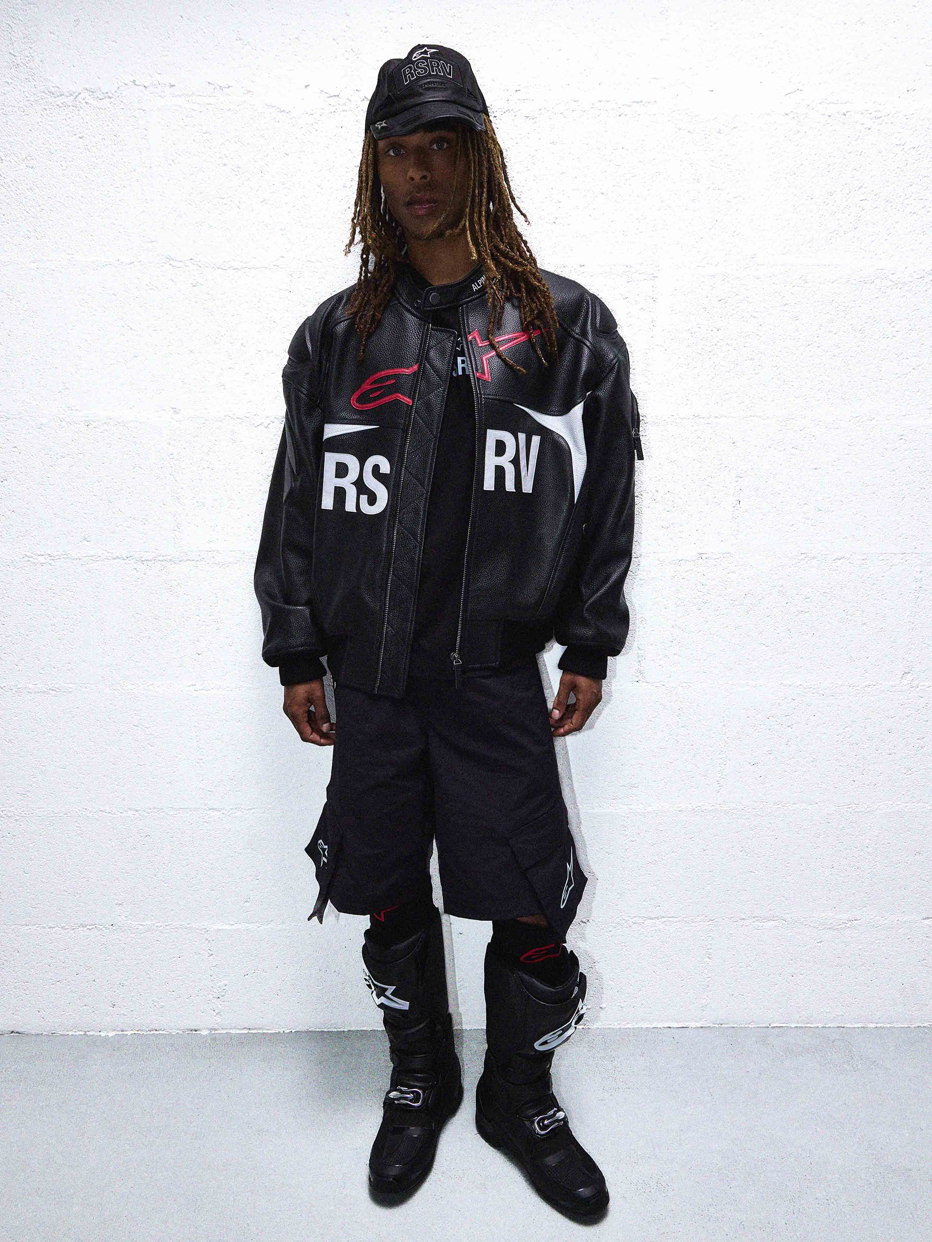 THE CHIEF BOMBER LEATHER JACKET BLACK WHITE RED