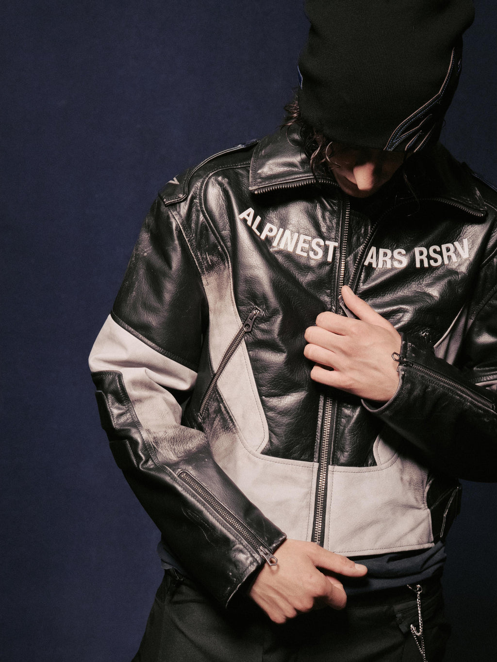 RSRV CLUBBER LEATHER JACKET BLACK ICE GREY