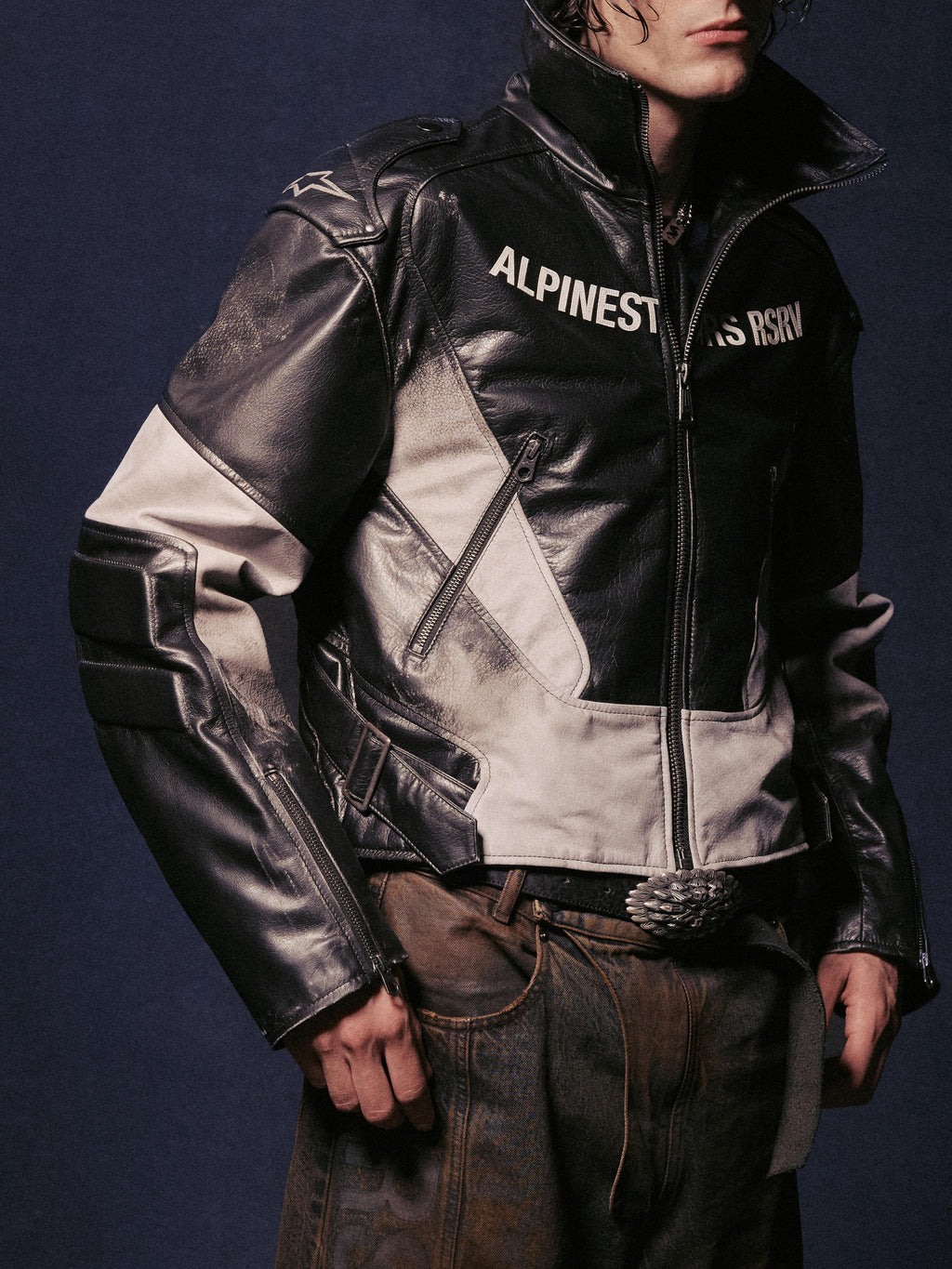RSRV CLUBBER LEATHER JACKET BLACK ICE GREY