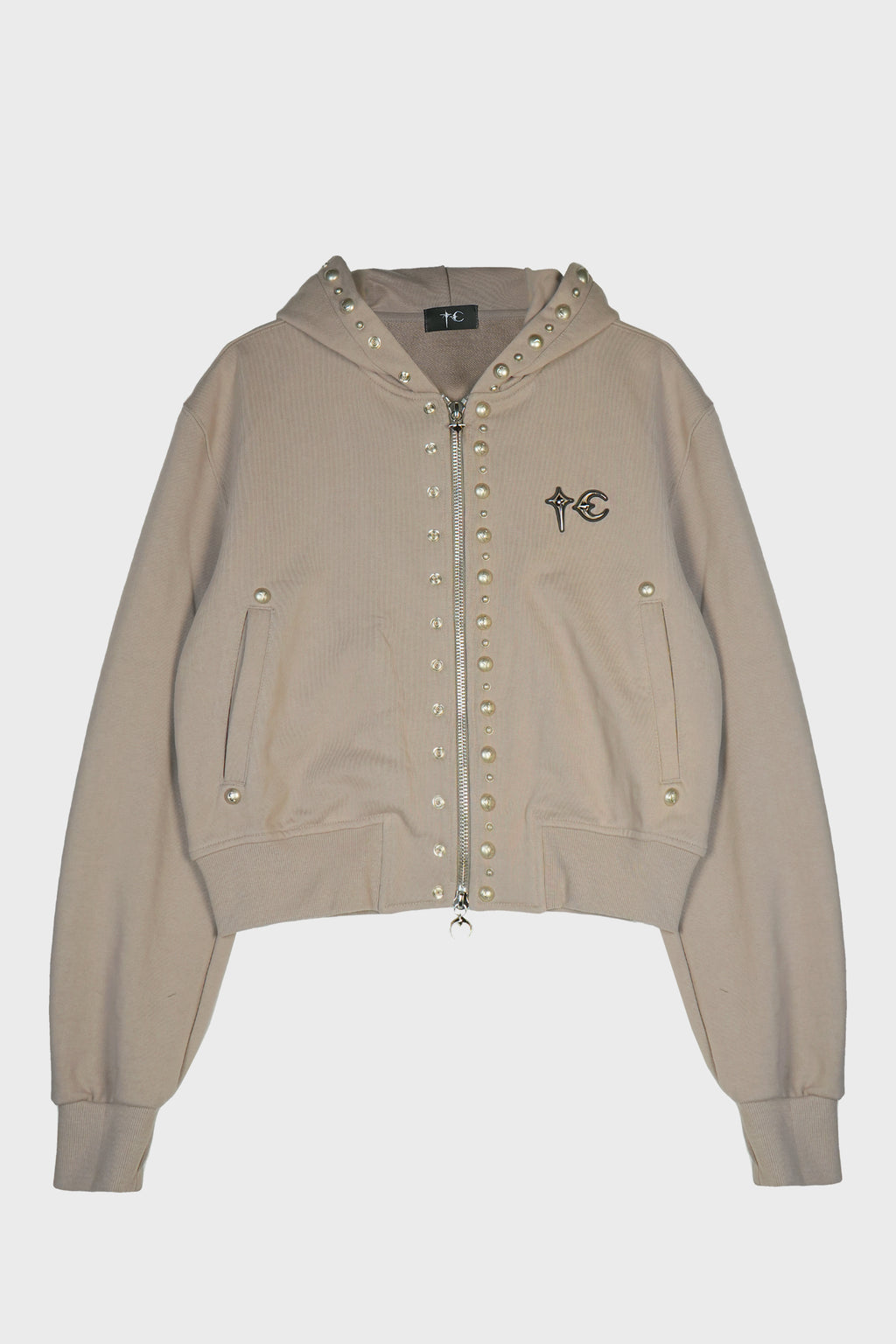 TC STUDDED LINE CROPPED ZIP-UP HOODIE BEIGE