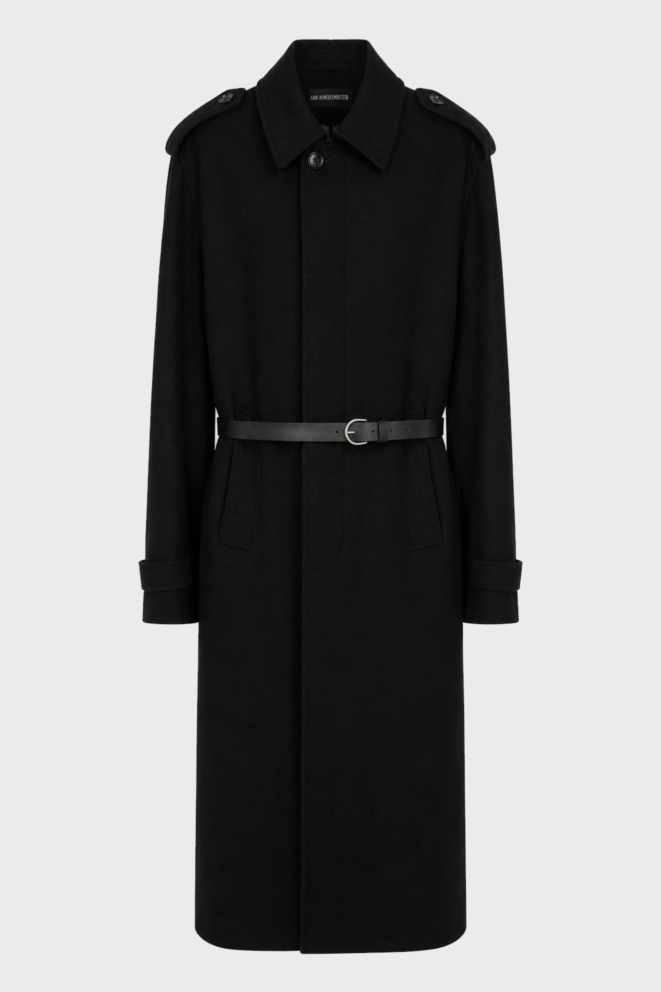 WILMER CAR COAT WITH LEATHER BELT BLACK