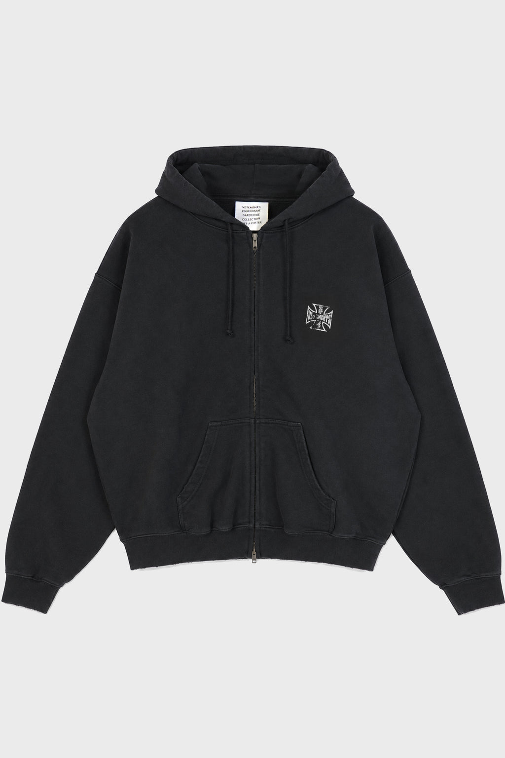BIKER CROSS LOGO FITTED ZIP-UP HOODIE WASHED BLACK