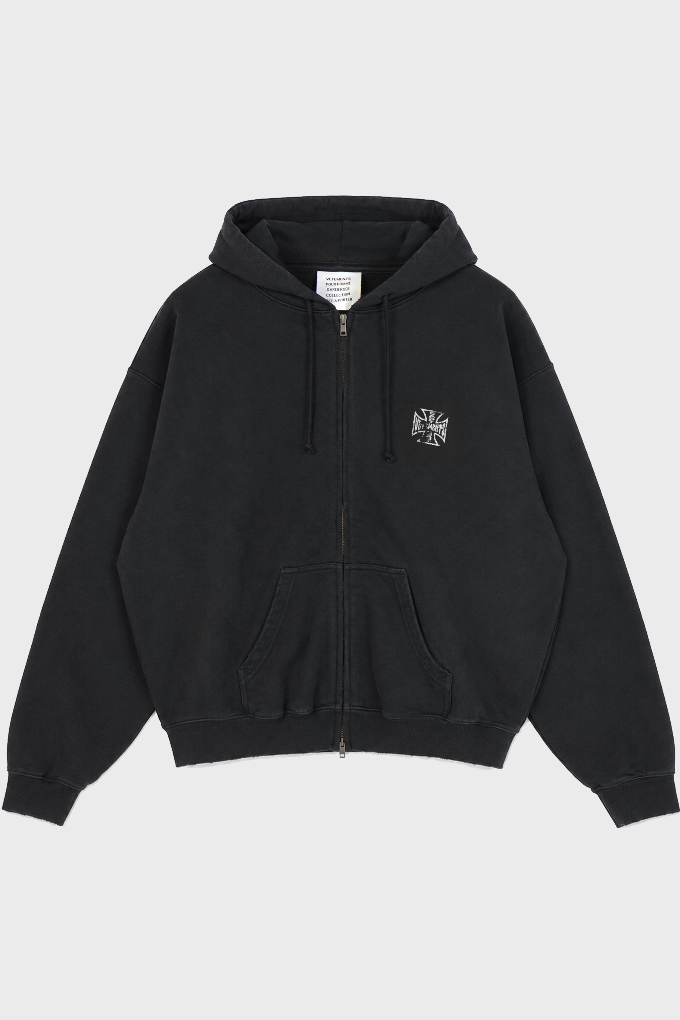 BIKER CROSS LOGO FITTED ZIP-UP HOODIE WASHED BLACK