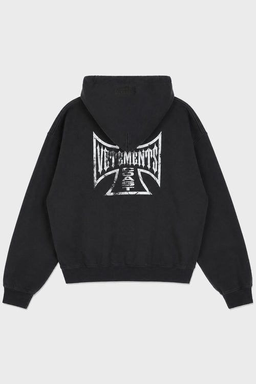 BIKER CROSS LOGO FITTED ZIP-UP HOODIE WASHED BLACK