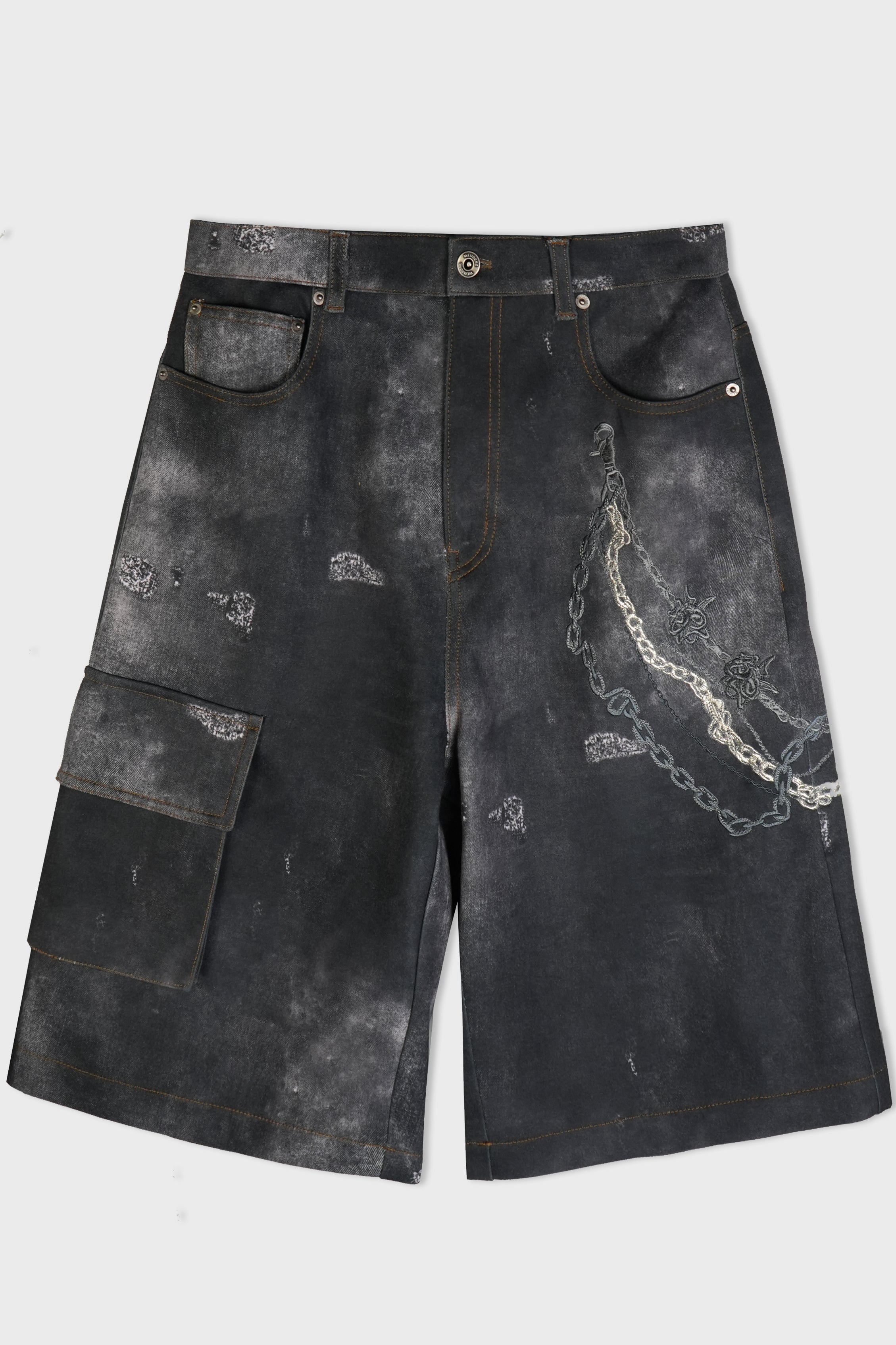 MENS TROMPE L'OEIL DENIM CARGO BERMUDA PANTS BLACK