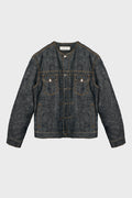DENIM COLLARLESS JACKET NAVY BLUE
