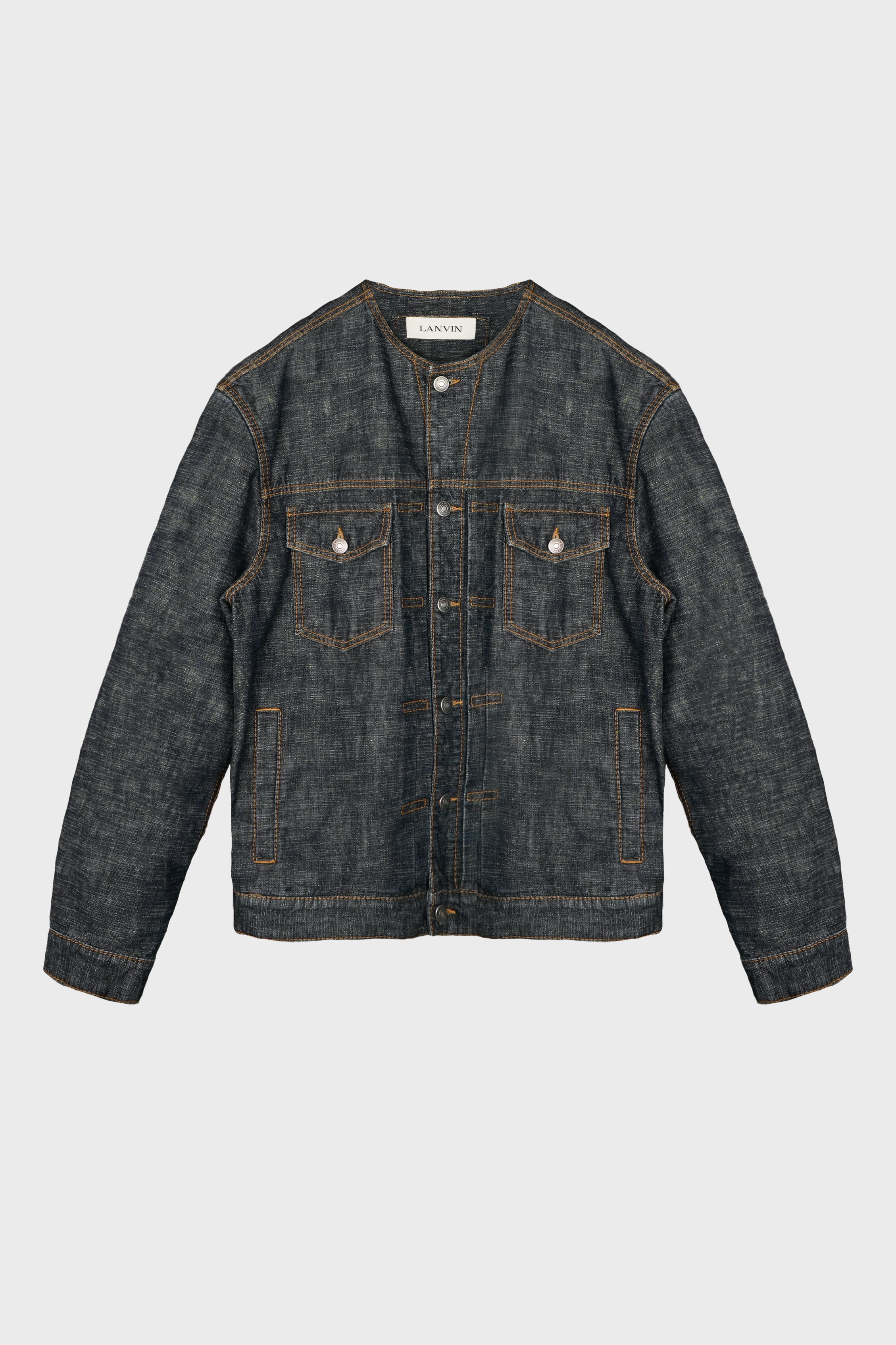 DENIM COLLARLESS JACKET NAVY BLUE