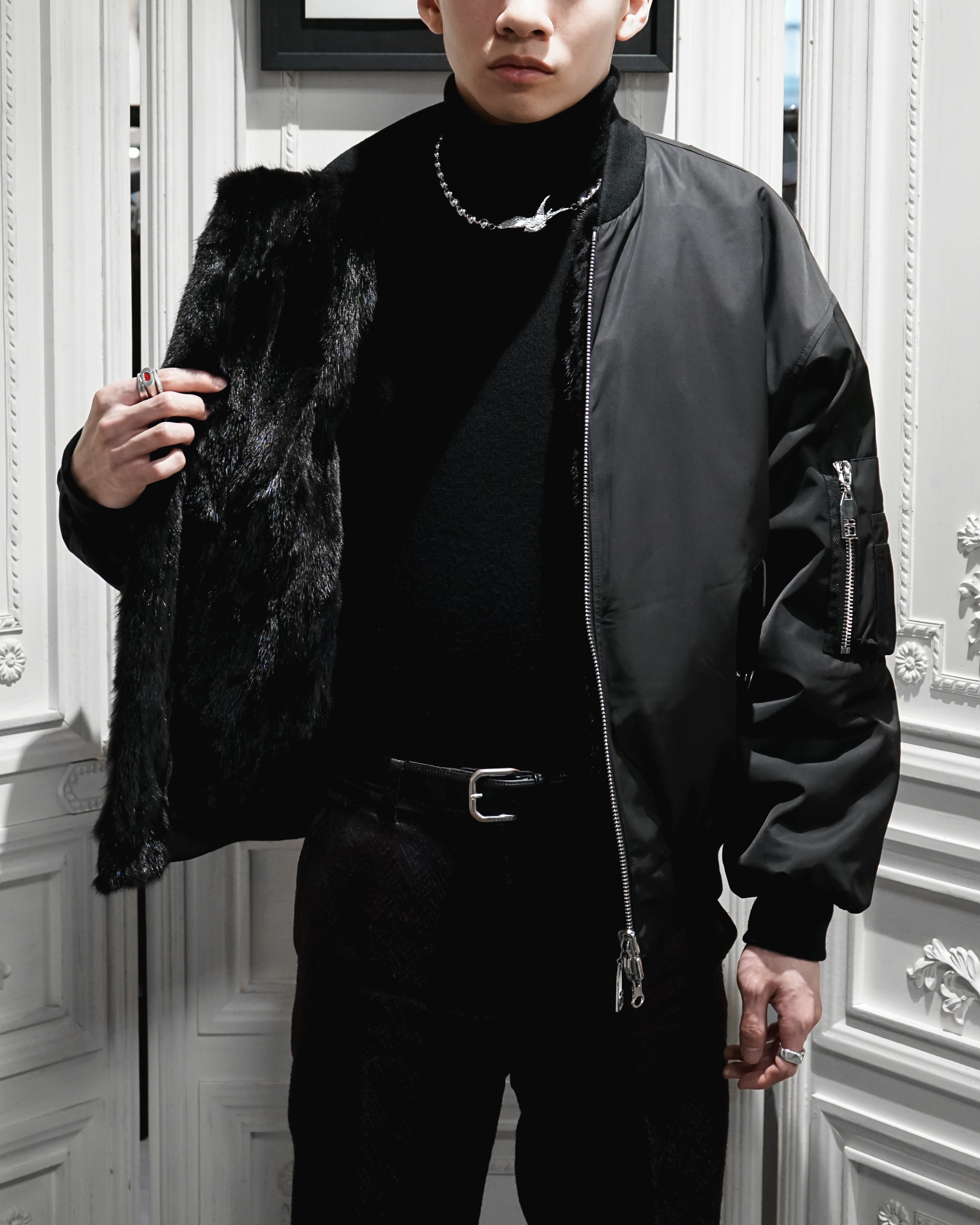 BLACK UNISEX REVERSIBLE MINK FUR BOMBER W/O LOGO