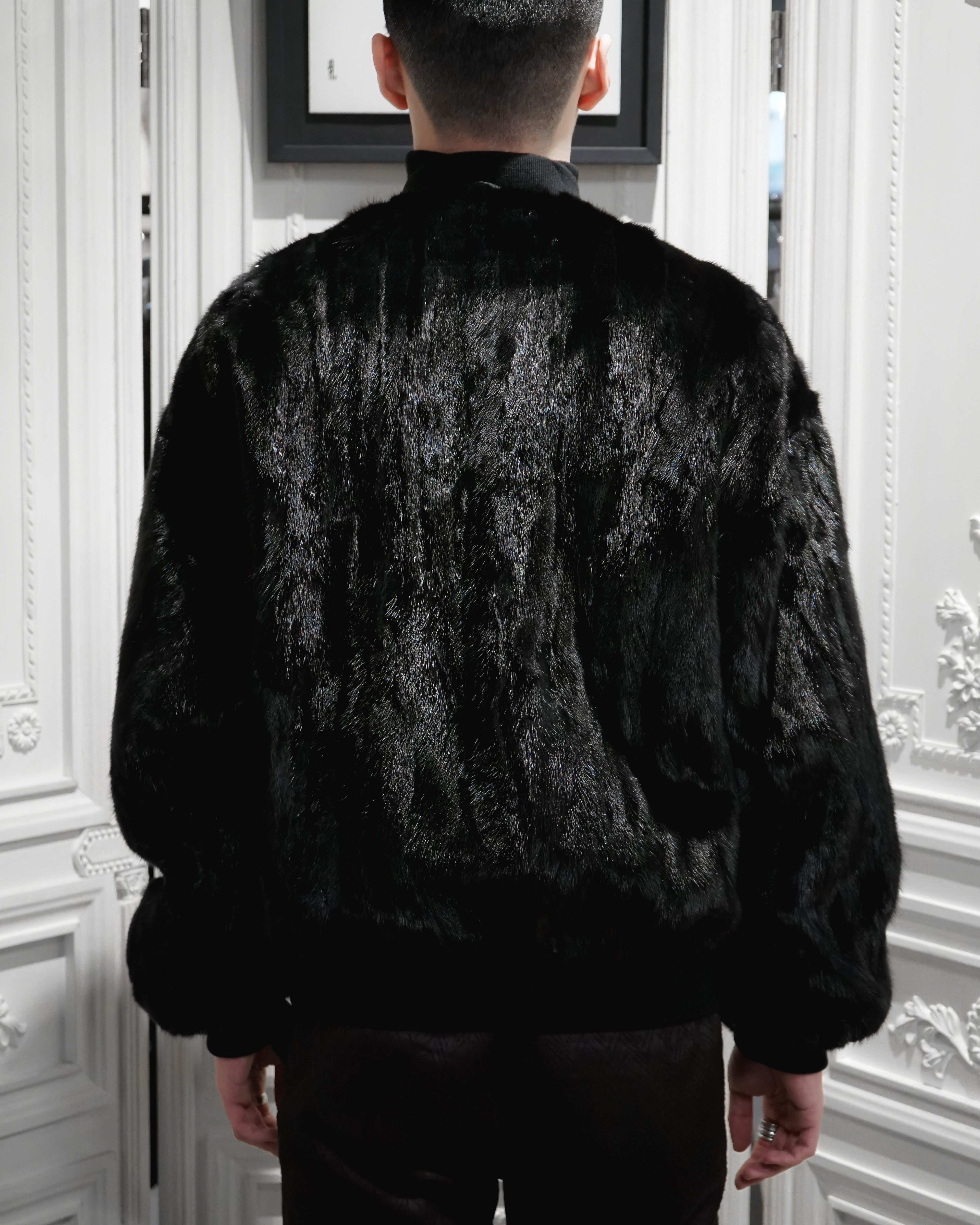 BLACK UNISEX REVERSIBLE MINK FUR BOMBER W/O LOGO