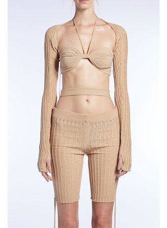 RIBBED KNIT LONG SLEEVES SHRUG NUDE