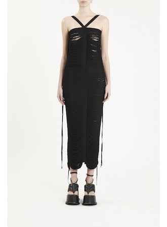 FLOATINIG RIBS LONG DRESS WITH LACING BLACK