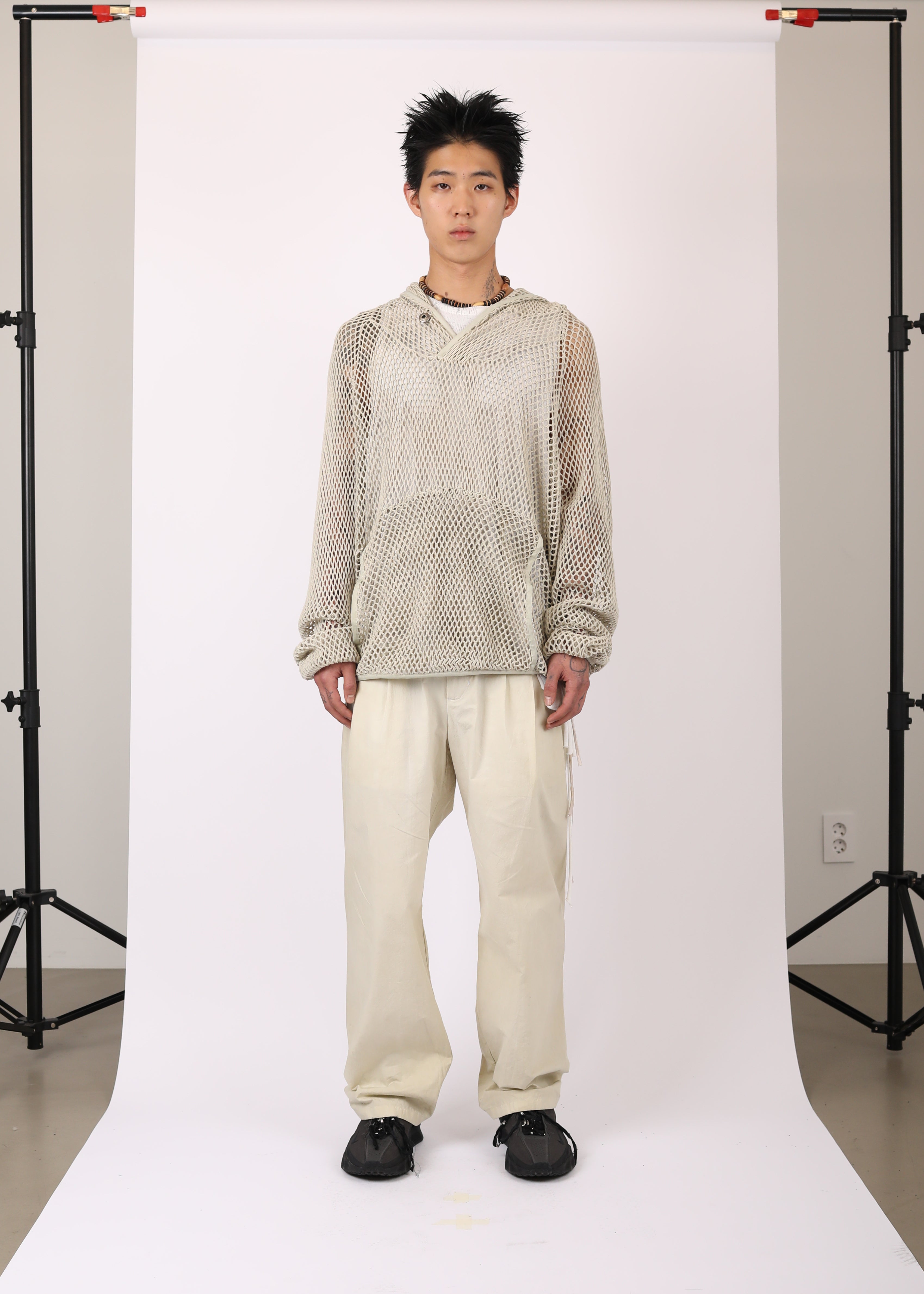 WASHED MESH HOODIE MOSS BEIGE