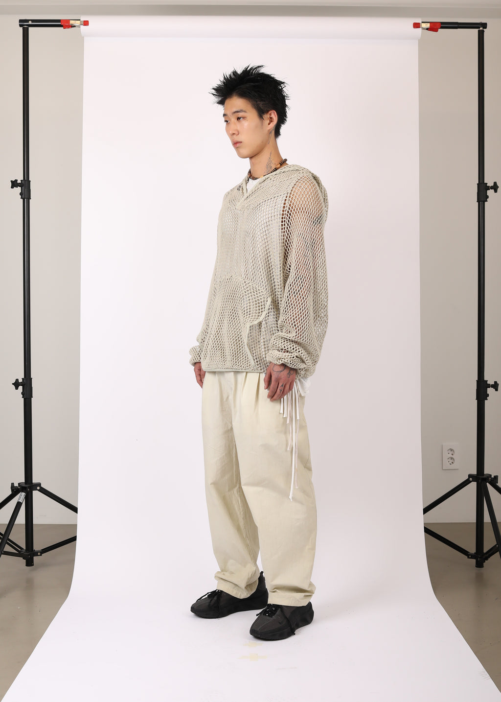WASHED MESH HOODIE MOSS BEIGE