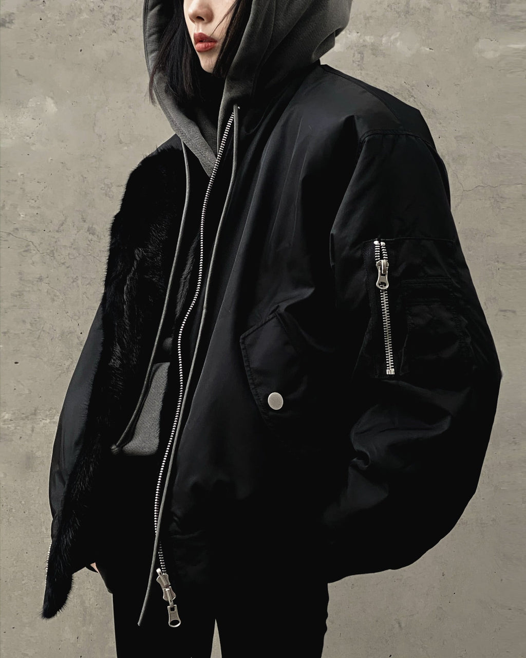 BLACK UNISEX REVERSIBLE MINK FUR BOMBER W/ LOGO