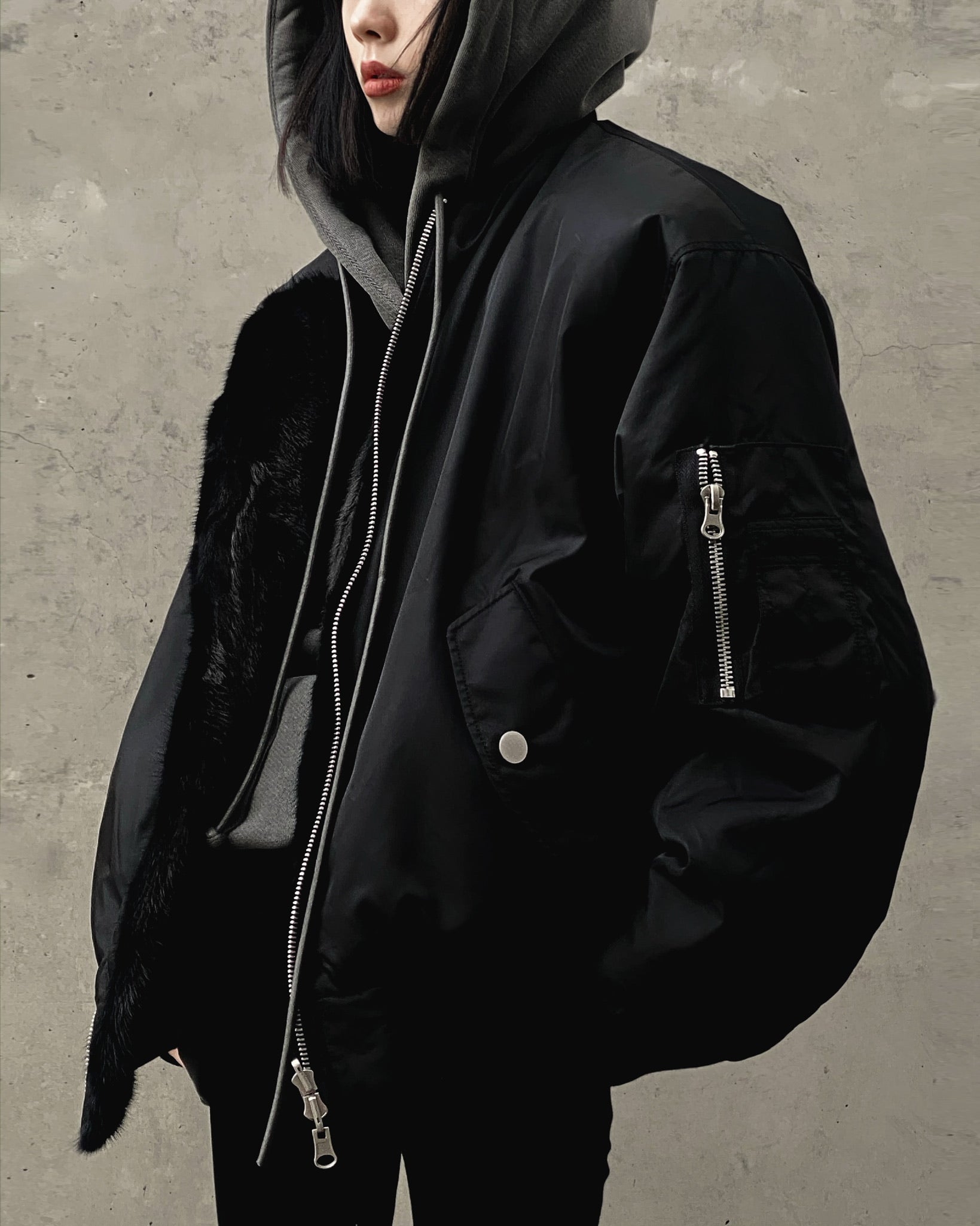 BLACK UNISEX REVERSIBLE MINK FUR BOMBER W/ LOGO