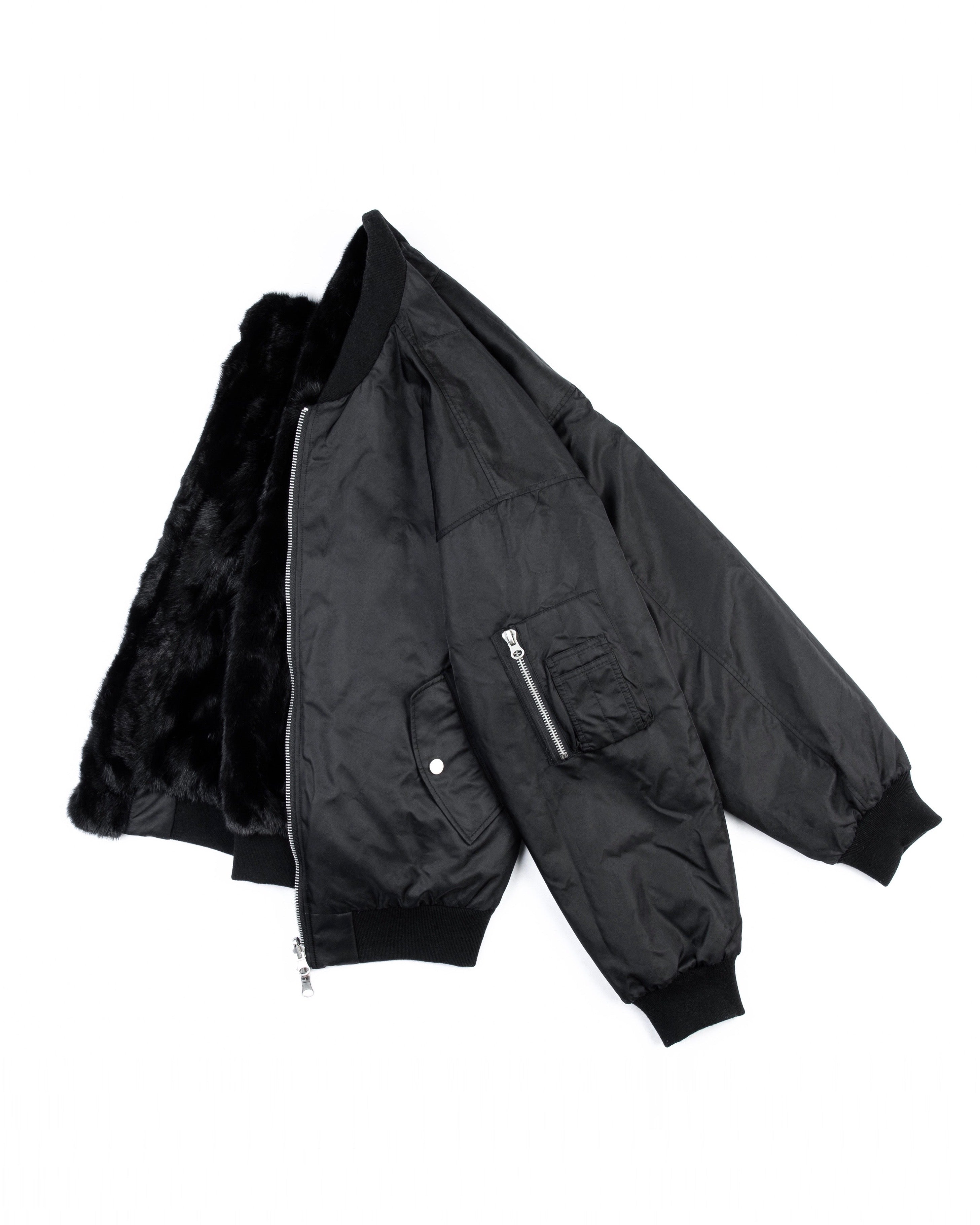 BLACK UNISEX REVERSIBLE MINK FUR BOMBER W/ LOGO