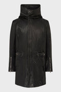 HIGH NECK HOODED LEATHER COAT