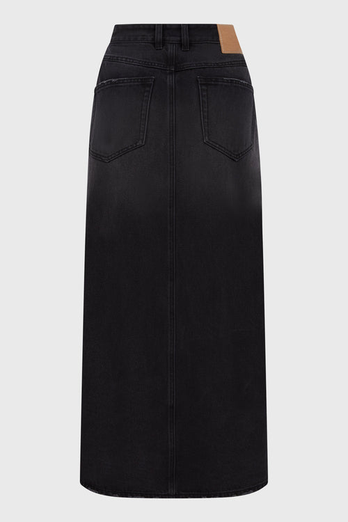 BLACK WASHED LONG DENIM SKIRT