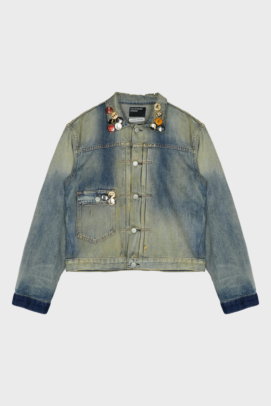 APPLIQUED DISTRESSED PANELLED DENIM JACKET