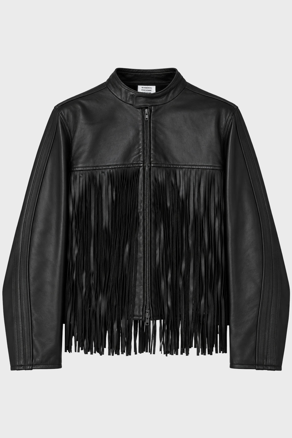FRINGED BOXY MOTO LEATHER JACKET BLACK