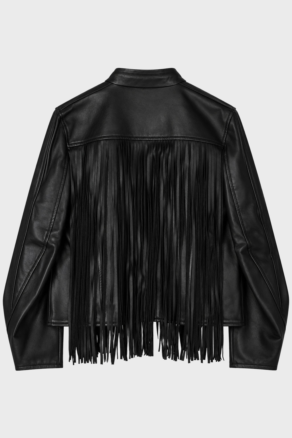 FRINGED BOXY MOTO LEATHER JACKET BLACK