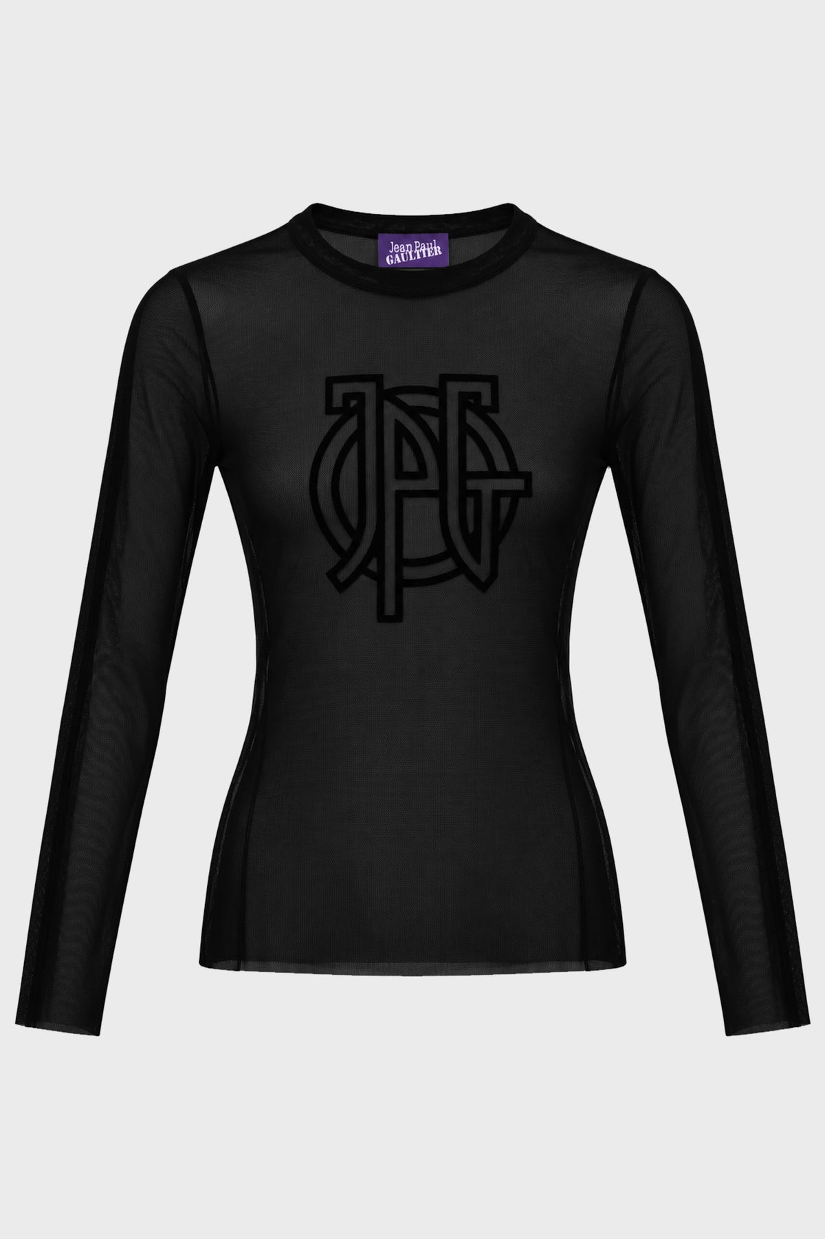MESH LONG SLEEVES TOP WITH "JPG LOGO" FLOCK