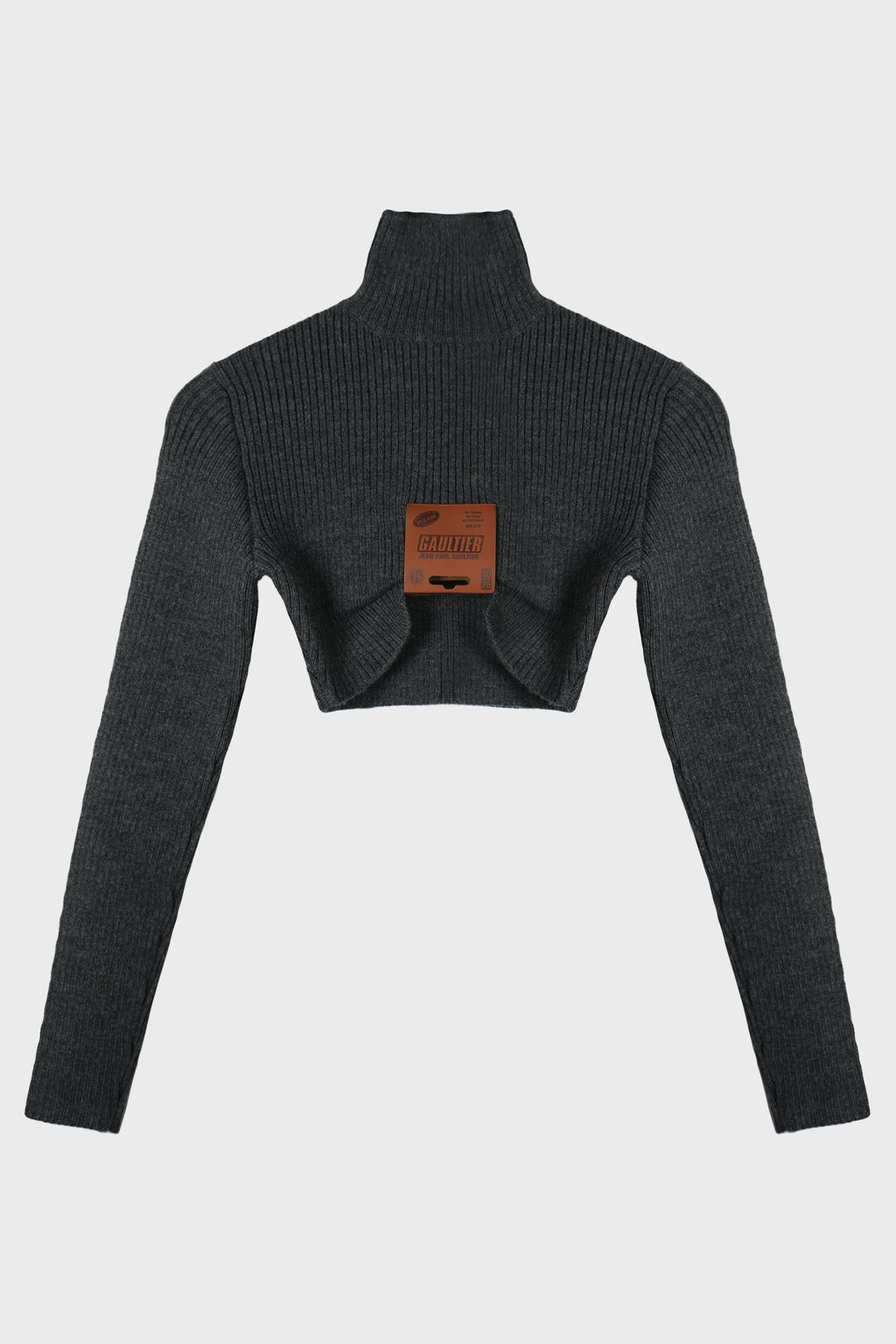 MIX WOOL RIB 2X2 HIGH NECK CROP SWEATER WITH LEATHER TAG DETAILS