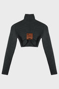MIX WOOL RIB 2X2 HIGH NECK CROP SWEATER WITH LEATHER TAG DETAILS
