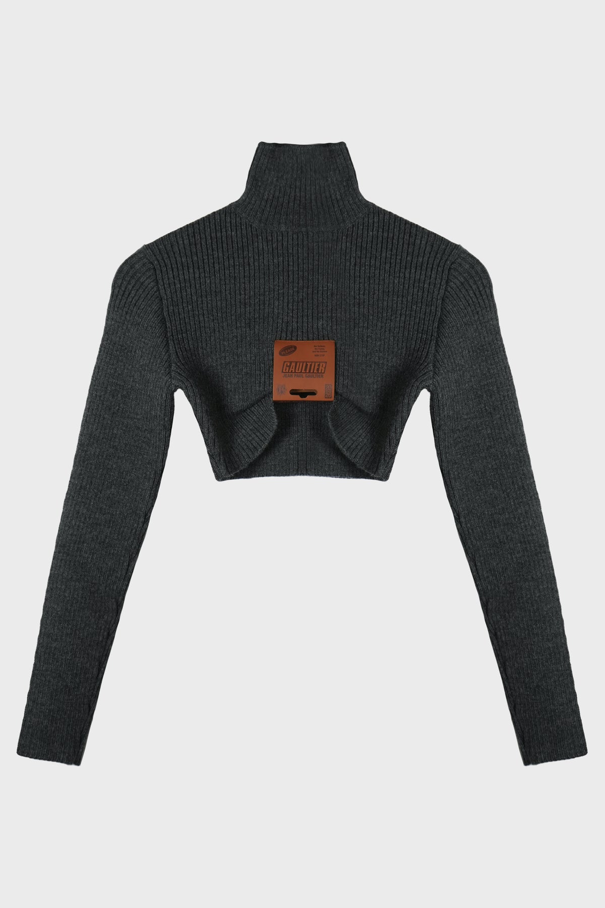 MIX WOOL RIB 2X2 HIGH NECK CROP SWEATER WITH LEATHER TAG DETAILS