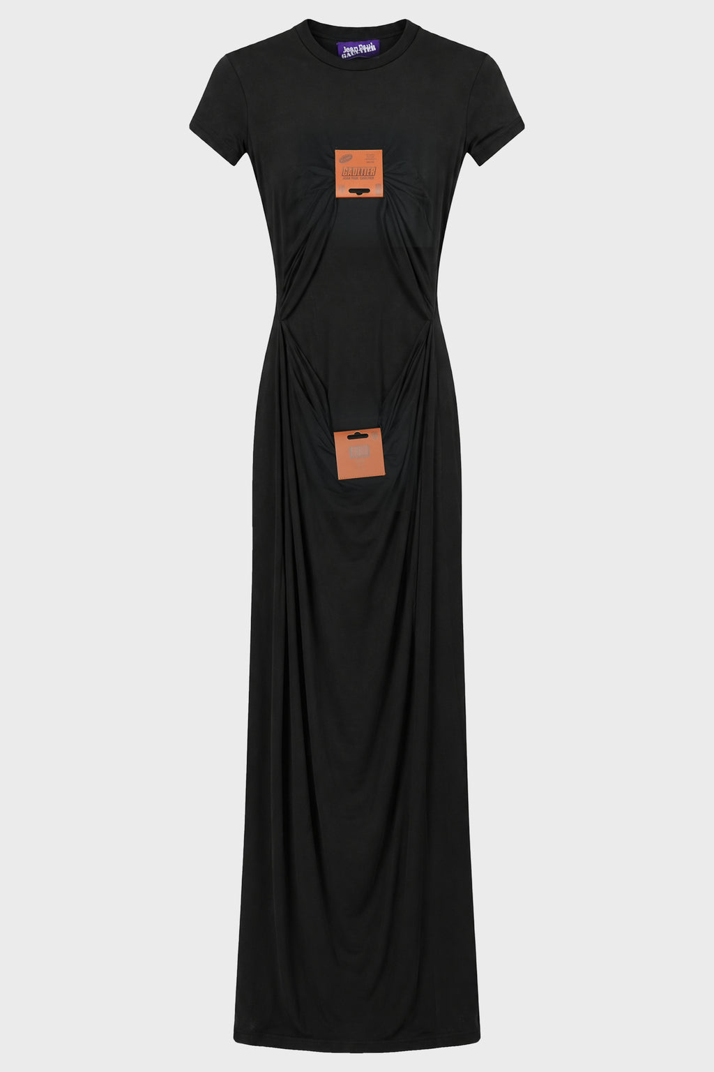 STRETCH VISCOSE JERSEY LONG DRESS WITH LEATHER TAG DETAIL