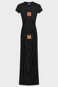 STRETCH VISCOSE JERSEY LONG DRESS WITH LEATHER TAG DETAIL