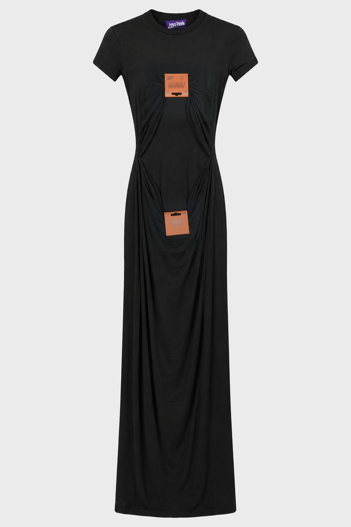 STRETCH VISCOSE JERSEY LONG DRESS WITH LEATHER TAG DETAIL
