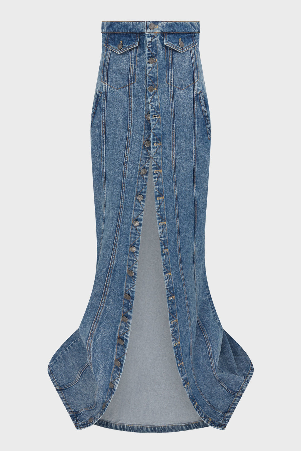MAXI DENIM SKIRT BLUE ACID WASHED