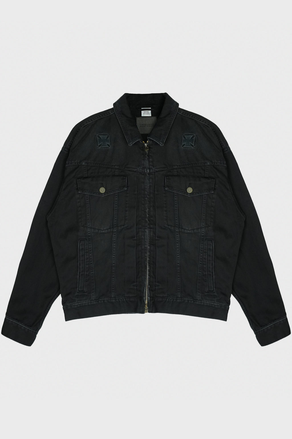 APLIQUE BIKER CROSSES ZIP DENIM JACKET BLACK