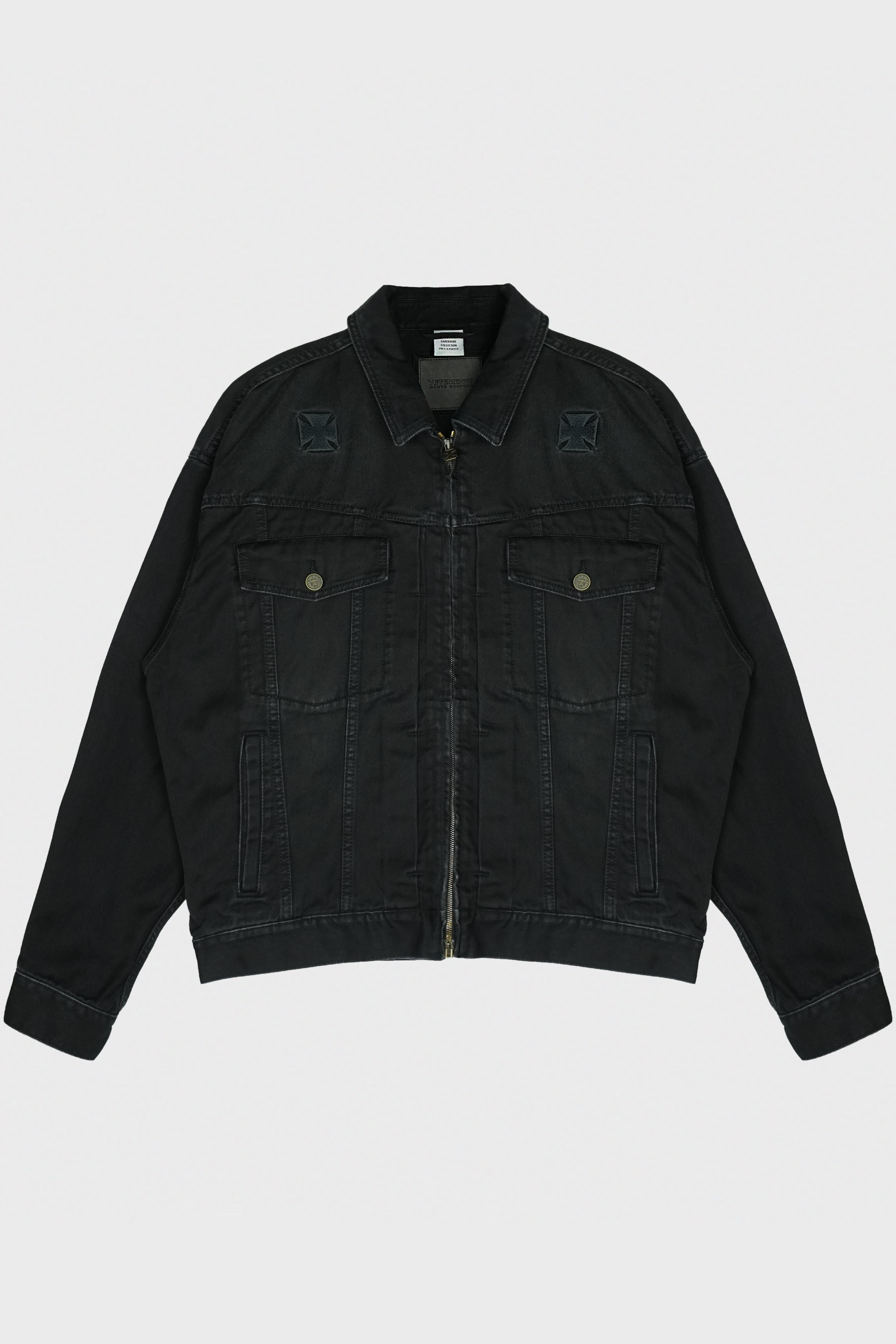 APLIQUE BIKER CROSSES ZIP DENIM JACKET BLACK